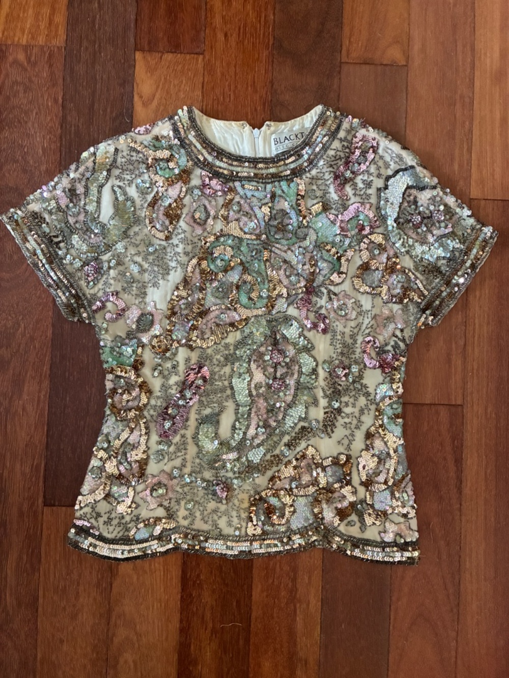 Rare Black Tie Oleg Cassini Vintage Beaded Sequin Silk Evening Top Small - Picture 8 of 10